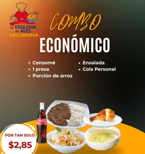 CONSOME, 1 PRESA, PORCION DE ARROZ, ENSALADA, COLA PERSONAL